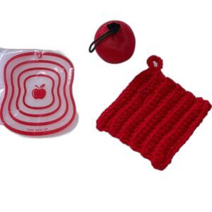 Apple Housewarming Kitchen Cutting Board Pot Holder Scrubby Sponge Gift Set